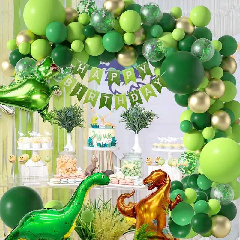 Dinosaur Balloon 88PCS Garland Arch Kit, Green Gold Latex Confetti Balloons with Dinosaur Foil Balloons & Happy Birthday Banner, Jungle Dinosaur Theme Party Decor for Kids Boys Birthday Backdrop Supplies