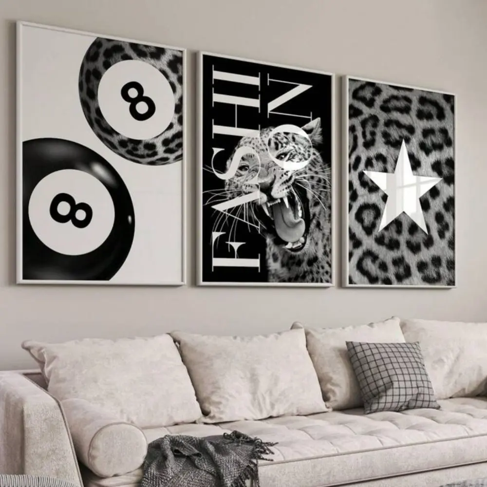 3 Pieces B&W Leopard Print 8 Ball Art, Leopard Pattern Wall Mural, Animal Prints, Trendy Personalized Home Art, Trendy Gallery Decor, Monochrome Poster, Art Work For Wall Decor, Wall Decor for Living Room and Bedroom, Framed or Unframed.