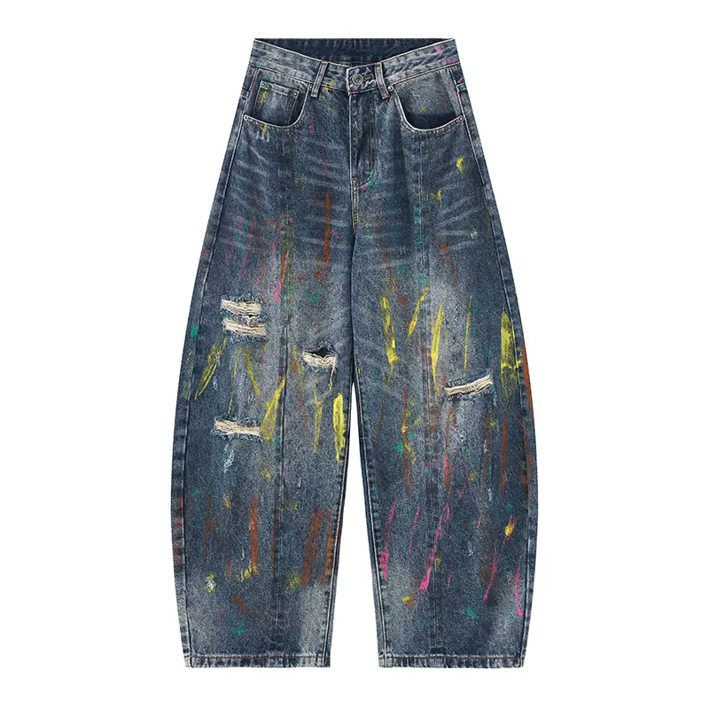 Men's Ripped Grunge Aesthetic Jeans in Washed Cotton Denim, Stylish High Street Pants with Graffiti Splatter and Layered Fraying, Valentines Day, Heavyweight, Frayed Holes, Graffiti Print, Clothes, Tattered, Casual, Stripe, Graphic, Fabric, Foldable, Cott