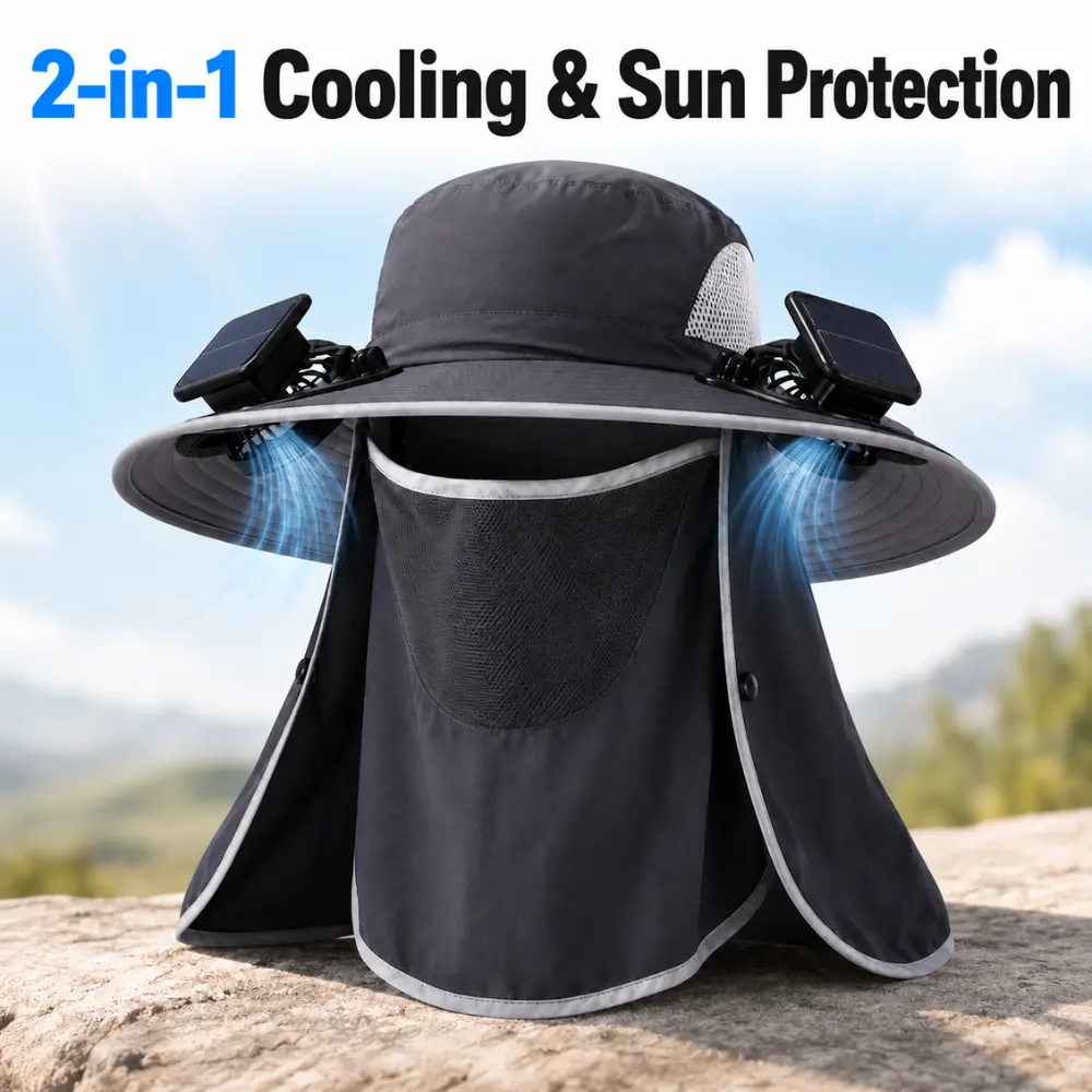 2 In 1 Solar Fan Hat UPF50+ Sun Hat With Fans Wide Brim Fishing Hat with Face Cover Neck Flap Solar USB Charging for Hiking Gardening Outdoor Work,easter,gift,-5653