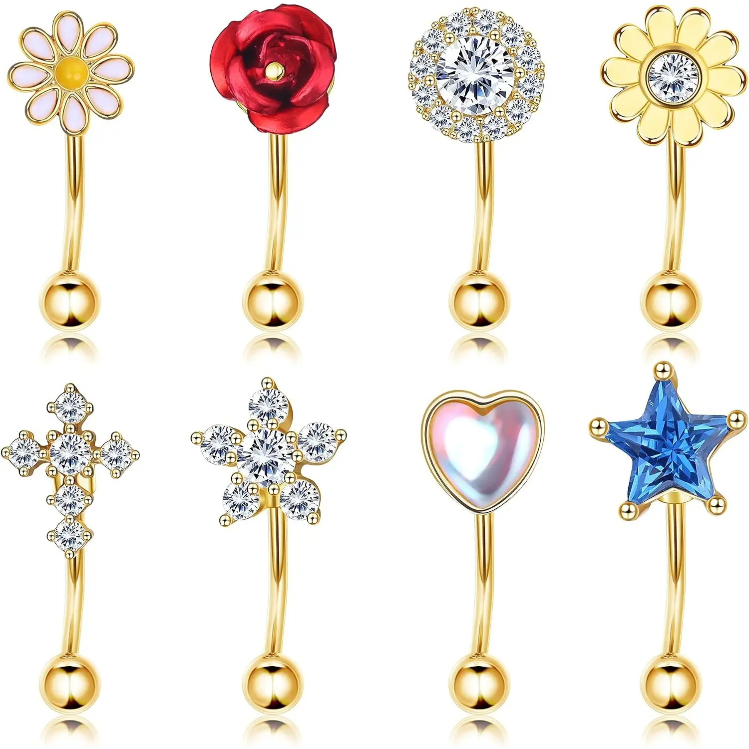16G Surgical Steel 8-Pcs CZ Embedded Curved Bars Body Jewelry - Mixed Designs, Universal Fit, Everyday Wear for Rook, Daith, Tragus, Helix Piercings