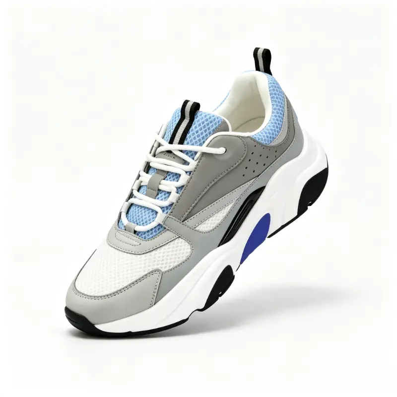 Unisex Chunky Sneakers, Retro Blue and Gray Color Block Mesh Athletic Shoes, Lace Up Platform Height Boosters for All Seasons, Fabric