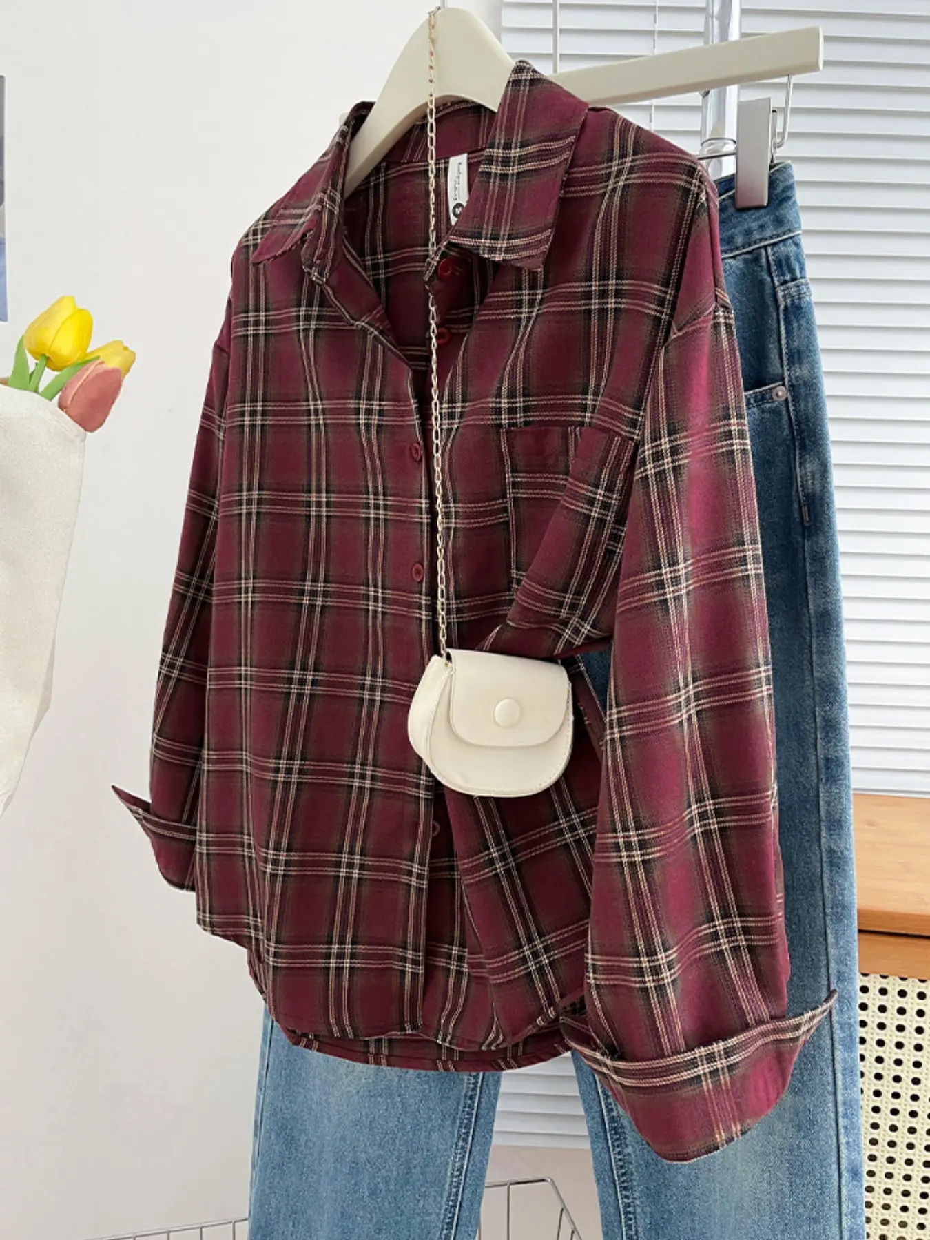 Korean Retro Plaid Collared Blouse Shirt for Women, Loose Fit Oversized Long Sleeve Top, Casual Spring Summer Jacket, Multiple Colors Available
