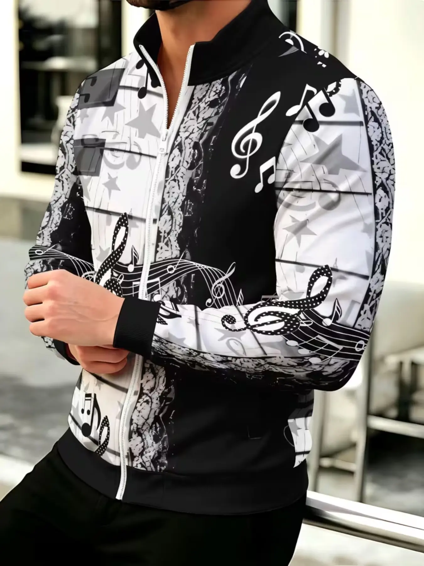 Men's Stand Collar Zipper Jacket, Contrast Music Notes Star Print, Casual Long Sleeve Outerwear, All Seasons Fashion, Casual Streetwear Jacket
