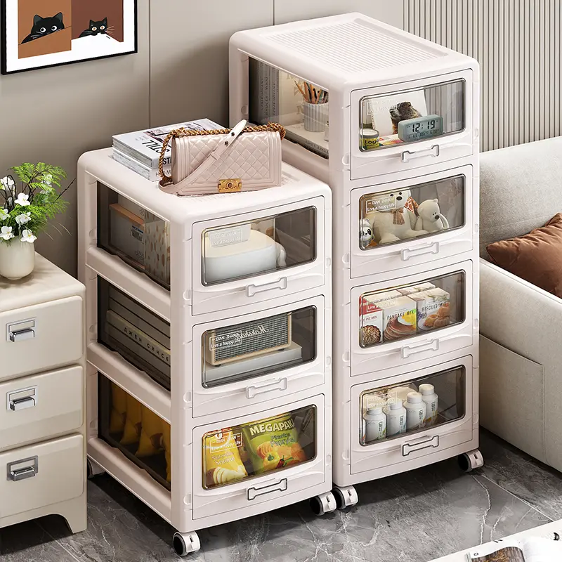Slim Gap Rolling Storage Cabinet, 3–5 Tier Modular Foldable Plastic Drawer Organizer, Space Saving & Stackable with Silent Lockable Wheels, Transparent Dustproof Drawers, Ideal for Small Apartments, Kitchens, Books, Toys & Beauty Supplies