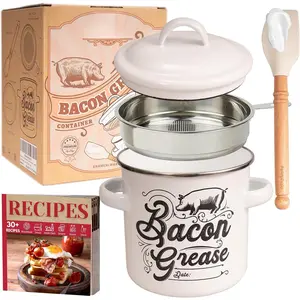 Bacon Grease Container with Strainer - 46OZ Large Capacity, With Silicone Wooden Spatula, Enamel Bacon Grease Keeper for Bacon Drippings, Farmhouse Kitchen Decor, Dishwasher Safe