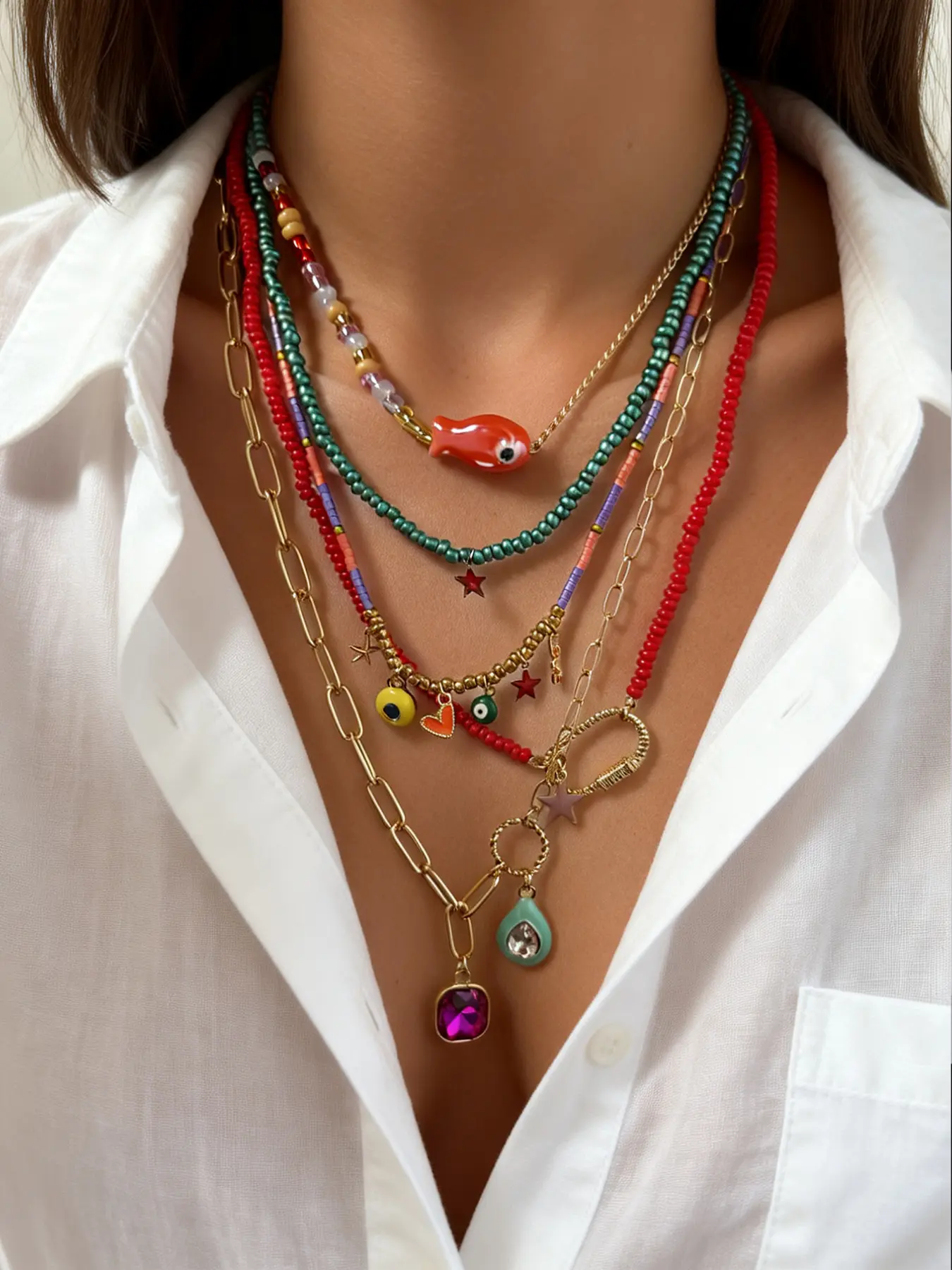Boho Style Fish and Star Pendant Beaded Necklace Set, 5 Pieces, Perfect for Daily Wear, Dates, Vacations, Parties, Layering