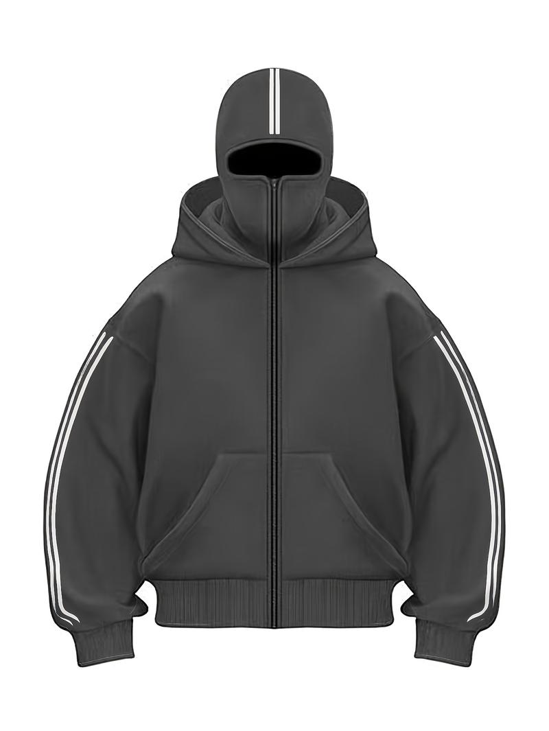 1pc TNZI men's full zipper windproof mask hoodie long-sleeved jacket versatile and fashionable urban style, with zippers and pockets - warm, windproof and durable, suitable for daily or outdoor autumn/winter wear