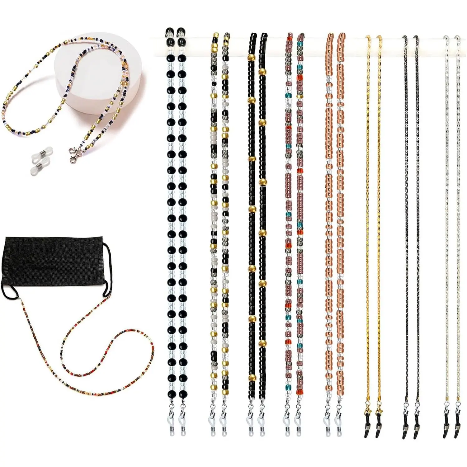 Women's 8-Pcs Shiny Beaded Eyeglass Chain - 28 in Adjustable Casual Anti-Loss Neck Strap Holder for Sunglasses, Prescription Glasses - Ideal for Anniversary Gifts