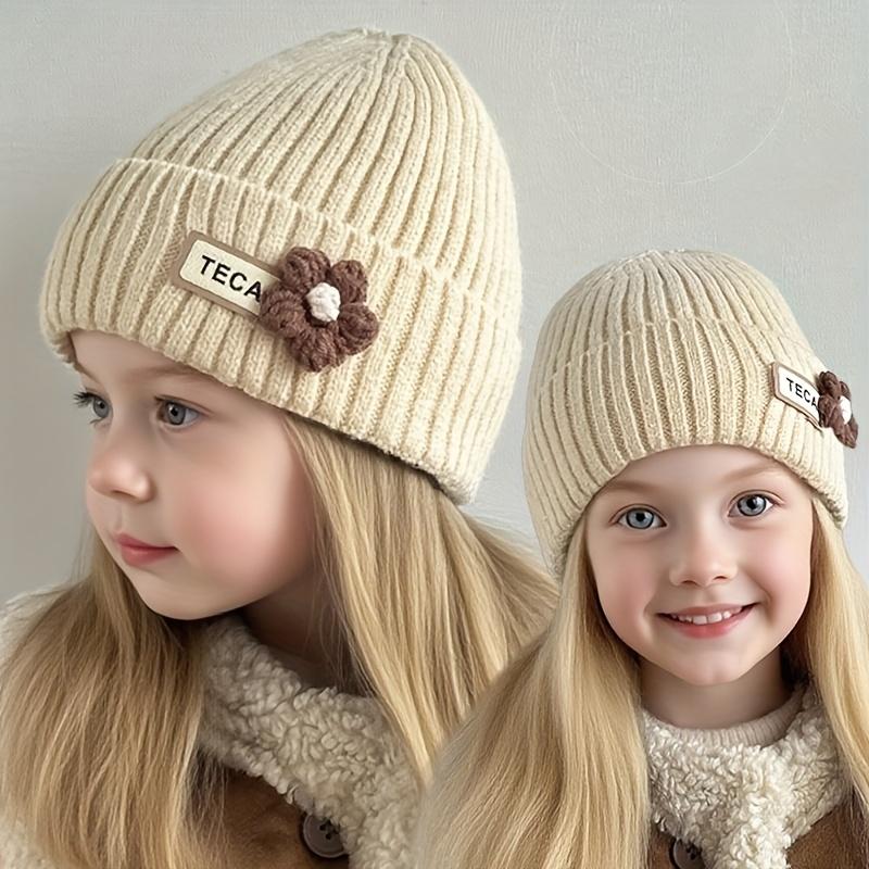 1pc Girls' Winter Hat with Floral Ear Flaps - Thick Knit Beanie, Soft Stretchy Cold Weather Cap for Toddlers & Kids Ages 3-8, Beige/ Pastel Pink/ Navy - Perfect Christmas, Birthday, Thanksgiving Gift for Girls, Seasonal Kids Wear, Playful Design, Comforta