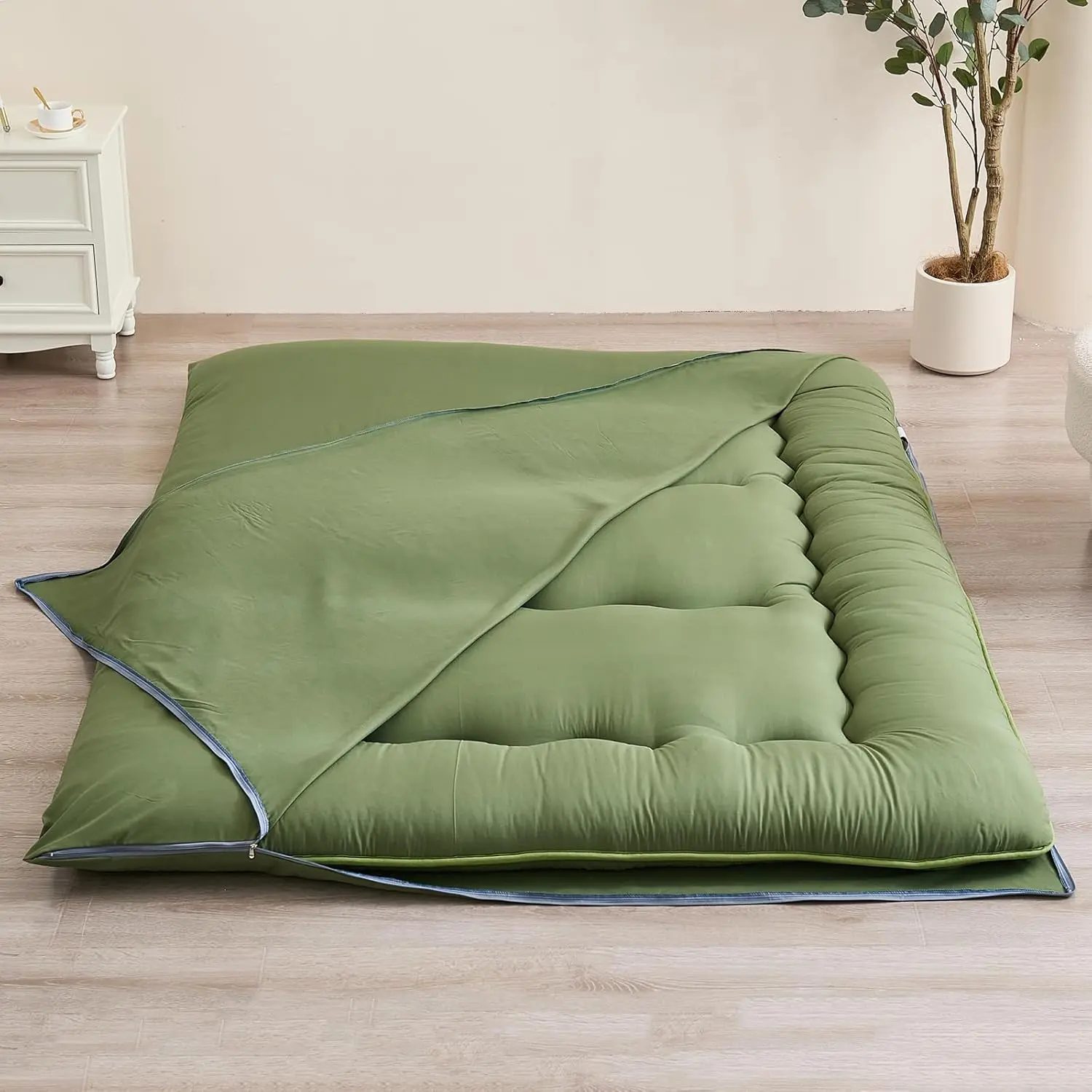 Futon Mattress Cover, Zippered Japanese Floor Mattress Cover, Machine Washable (Green, Twin)
