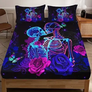 3pcs Neon Skull Couple Rose Print Bedding Set, including 1 sheet and 2 pillowcases (without filling material), suitable for single beds, double beds, available in multiple sizes, perfect for Halloween bedrooms, dormitories, guest rooms, Bedding Essentials