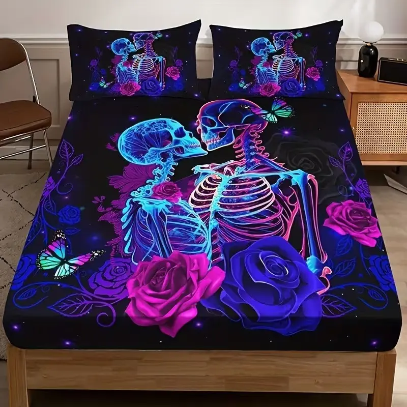 3pcs Neon Skull Couple Rose Print Bedding Set, including 1 sheet and 2 pillowcases (without filling material), suitable for single beds, double beds, available in multiple sizes, perfect for Halloween bedrooms, dormitories, guest rooms, Bedding Essentials