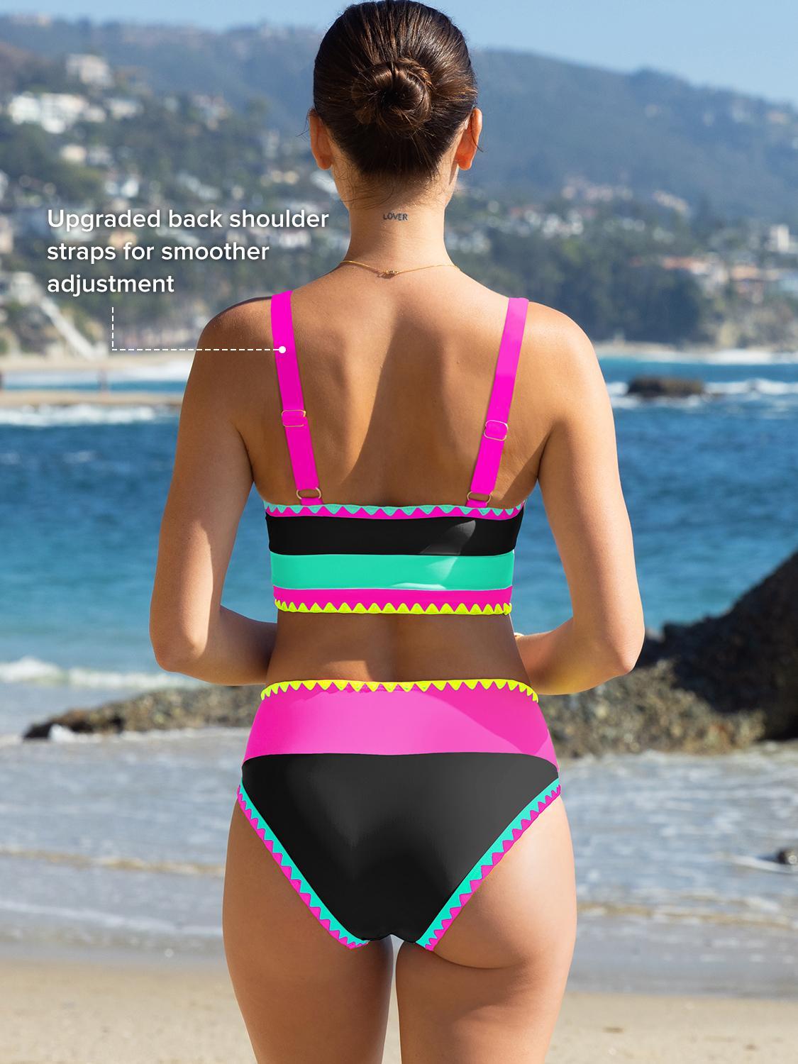 Popvil Beachball Kayaking 3 Piece Bikini Sets,Tummy Control & High Waisted Swimsuit with Adjustable Wide Shoulder Straps, Neon Color Sporty Swimsuit