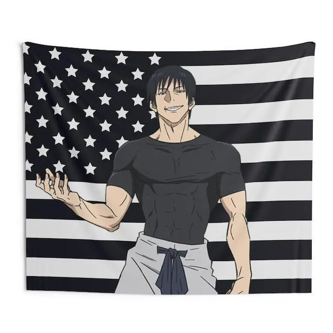 Jujutsu Kaisen Toji Black USA Flag Graphic Print Linen Cotton Tapestry Wall Mural - Light Style Wallhanging, Whimsical Home Decor