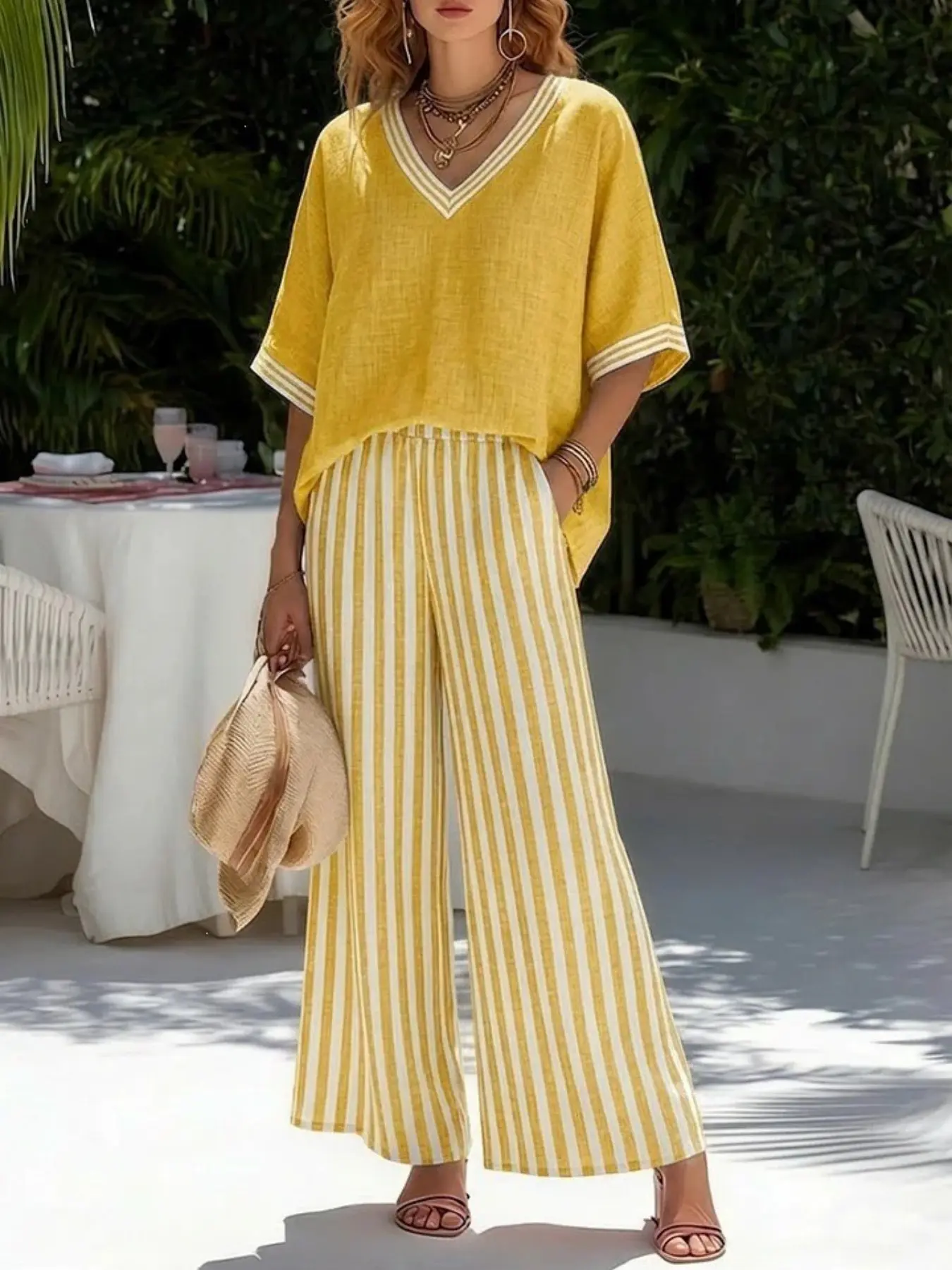 Women's V-Neck Short Sleeve Top and Striped Wide Leg Pants Set, Casual Loose Fit Two-Piece, Summer Fashion Ensemble Clothes