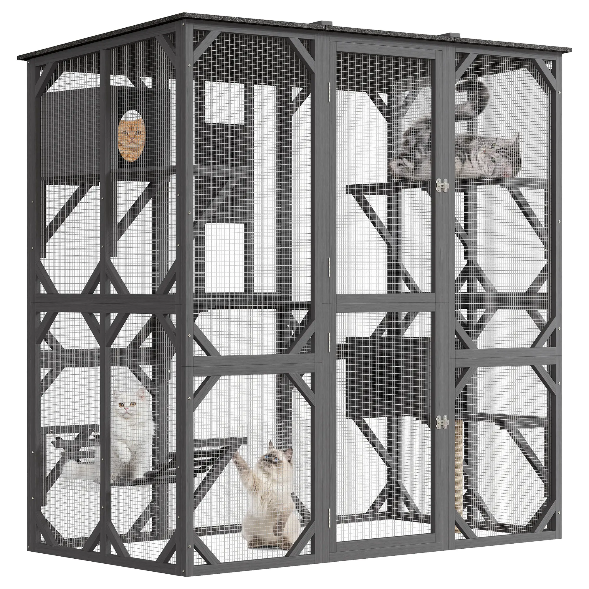70'' Walk-In Catio with Window Access, Extra Large Outdoor Cat Enclosure for Multiple Cats, Waterproof Roof Cattery with Bridge and Scratching Post Outside Patio Cat Playpen