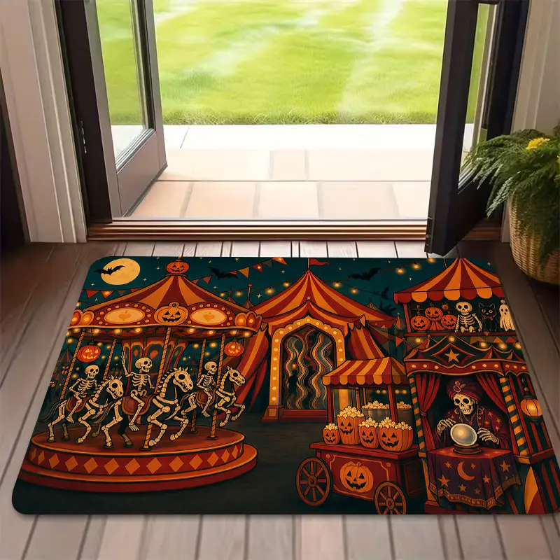 Flannel Floor Mat 1pc, 2D flat printing, Halloween vintage circus skull themed floor mat, kitchen and dining room decoration, indoor and outdoor home party decoration