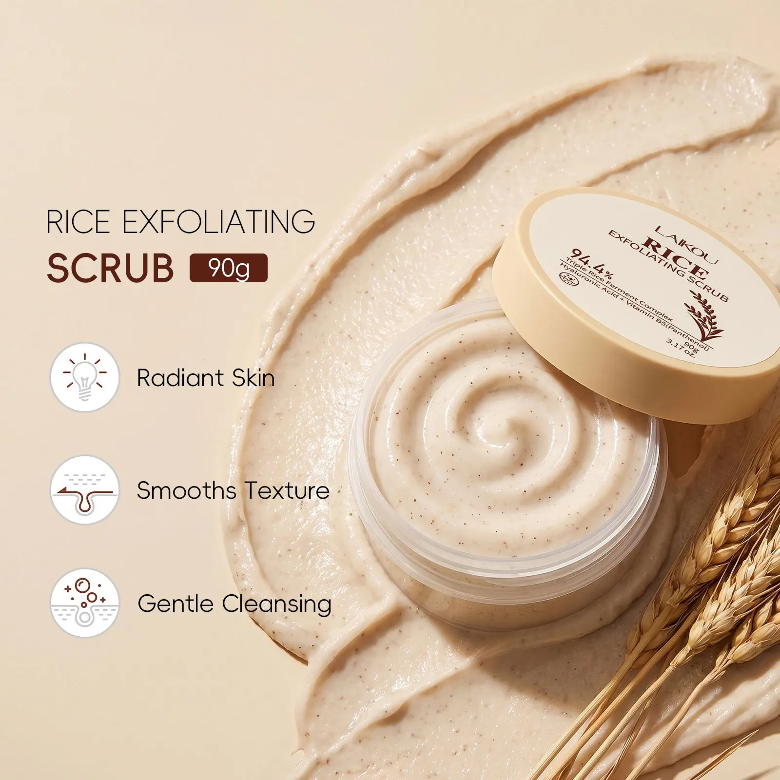 Rice Body Scrub 90g ， Gentle Exfoliating Dead Skin Remover & Hydrating Shower Care for Smooth Radiant Skin Deep Cleansing & Moisturizing Body Scrubber for Travel Shower Care