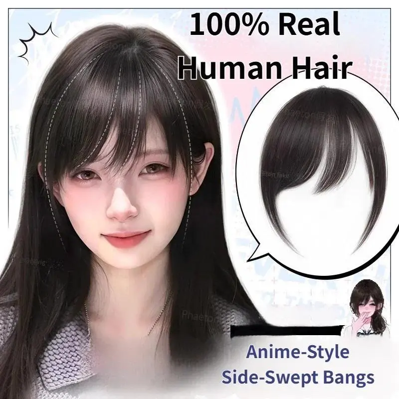 100% Real Human Hair Clip-In Side-Swept Bangs, Japanese Anime-Style Fringe Extensions, Clip-In Type, Solid Fringe, Female, No