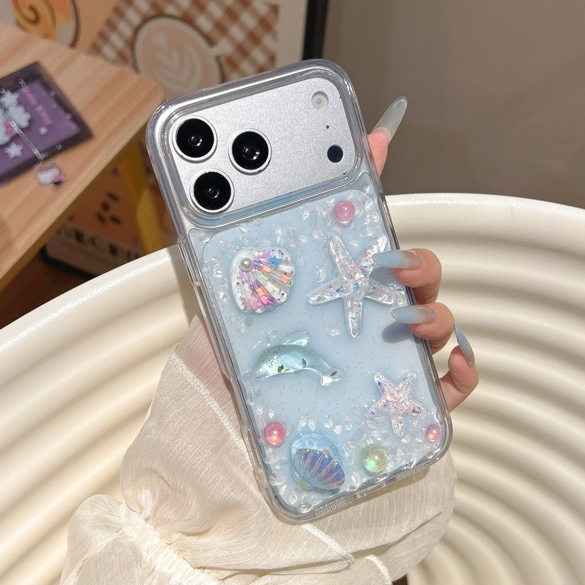 Gradient Blue Seabed Seashell Texture Smartphone Case, Wavy Frame Drip Glue Hard Base, Full Coverage Shockproof Anti-Drop Scratch-Resistant Trendy Aesthetic Casing, Compatible With iPhone 11-17 Pro Max Plus Air, Mobile Phone Accessories For Protection