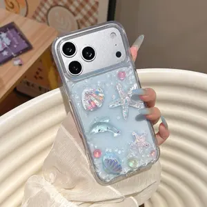 Gradient Blue Seabed Seashell Texture Smartphone Case, Wavy Frame Drip Glue Hard Base, Full Coverage Shockproof Anti-Drop Scratch-Resistant Trendy Aesthetic Casing, Compatible With iPhone 11-17 Pro Max Plus Air, Mobile Phone Accessories For Protection