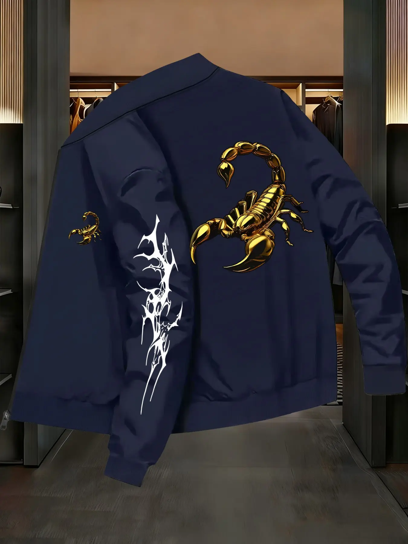 Men's Trendy Spring Fall Jacket, Gold Scorpion Pattern, Casual Business Youth Baseball Jacket, Stand Collar Outerwear