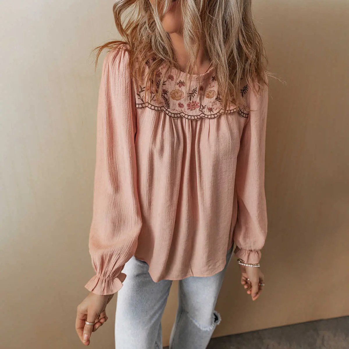 Women's Feminine Casual Floral Embroidery Gossamer Fabric Flounce Sleeve Elegant Blouse, Women's Top, Long Sleeve, Formal, Round Neck
