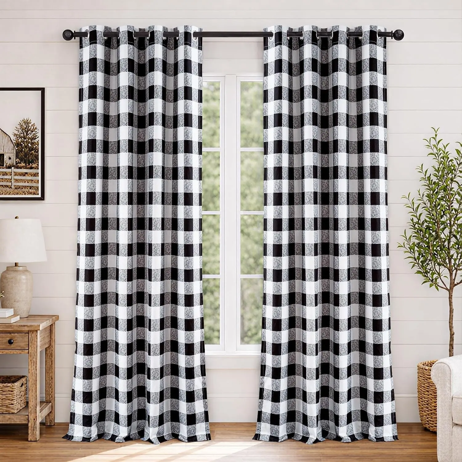 Buffalo Plaid Blackout Curtains Grommet 2 Panels W52 x L84, Black | Blackout, Gingham Checker Pattern, Thermal Insulated Linen Texture Drapes for Bedroom Living Room NurseryGift