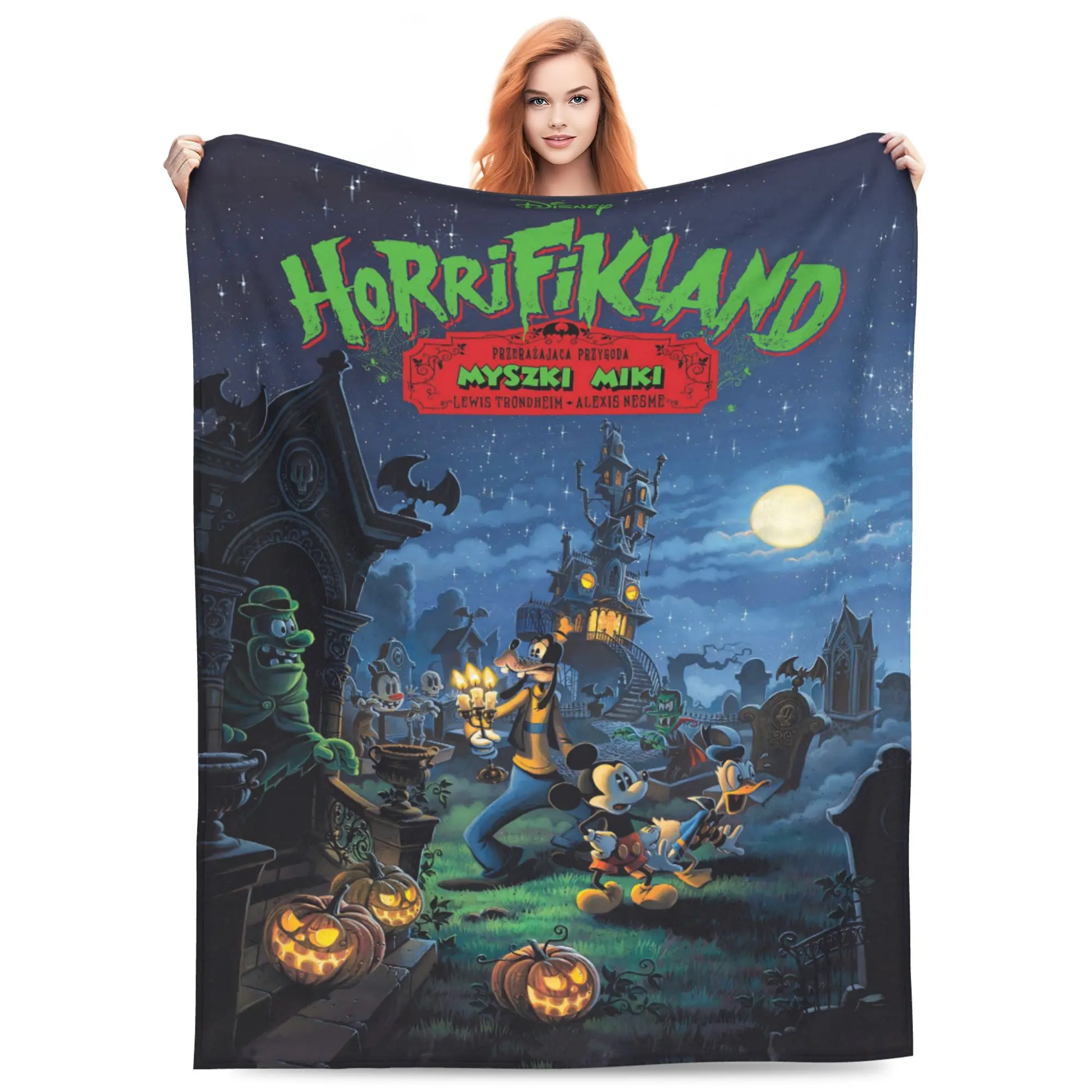 DISNEY CLASSIC Horrifikland Mickey Halloween Flannel Blanket. Mickey, Donald, Goofy in spooky graveyard with pumpkins, bats and full moon. Soft cozy throw, perfect for Halloween movie nights and seasonal gifts.