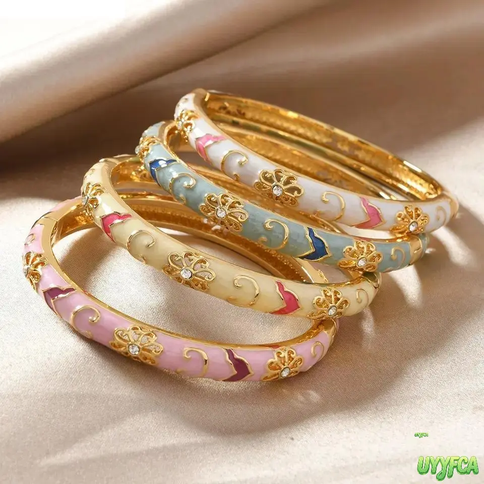 Vintage Floral Cloisonne Enamel Hinged Bangle Bracelet For Women, Gold Tone Hollow Flower Cubic Zirconia Inlaid Wrist Cuff, Pastel Color Elegant Dainty Fashion Jewelry, Stackable Daily Wedding Party Birthday Holiday Gift Accessory tiktokshopbacktoschool