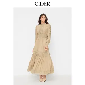 Cider High Neck Long Sleeve Contrasting Lace Hollow Out A-line Maxi Dress