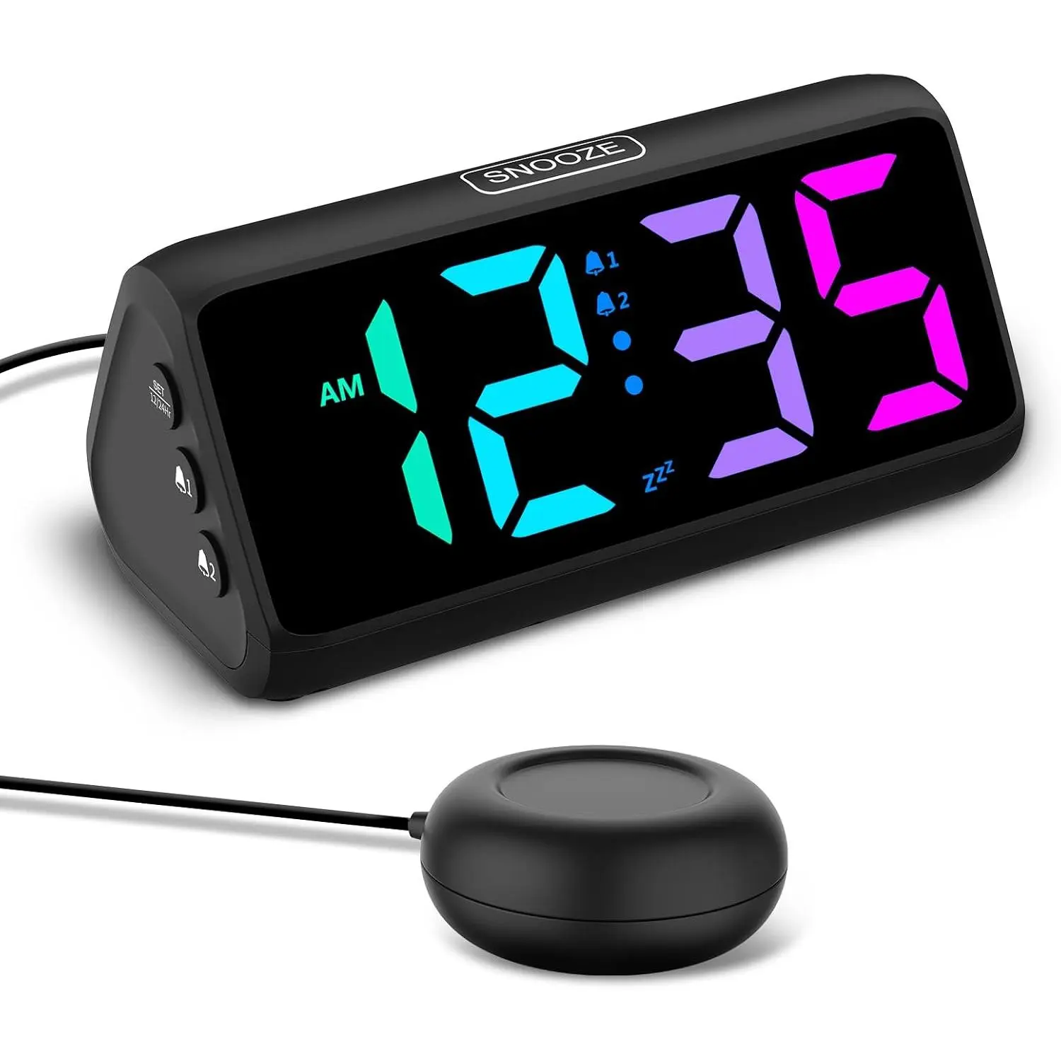 Loud Alarm Clock for Sleepers Black| Plug-in RGB Vibrating Alarm Clocks with Bed Shaker, 5 Dimmers, 2 Alarms and Snooze for Bedrooms Hearing Impaired Deaf Adults