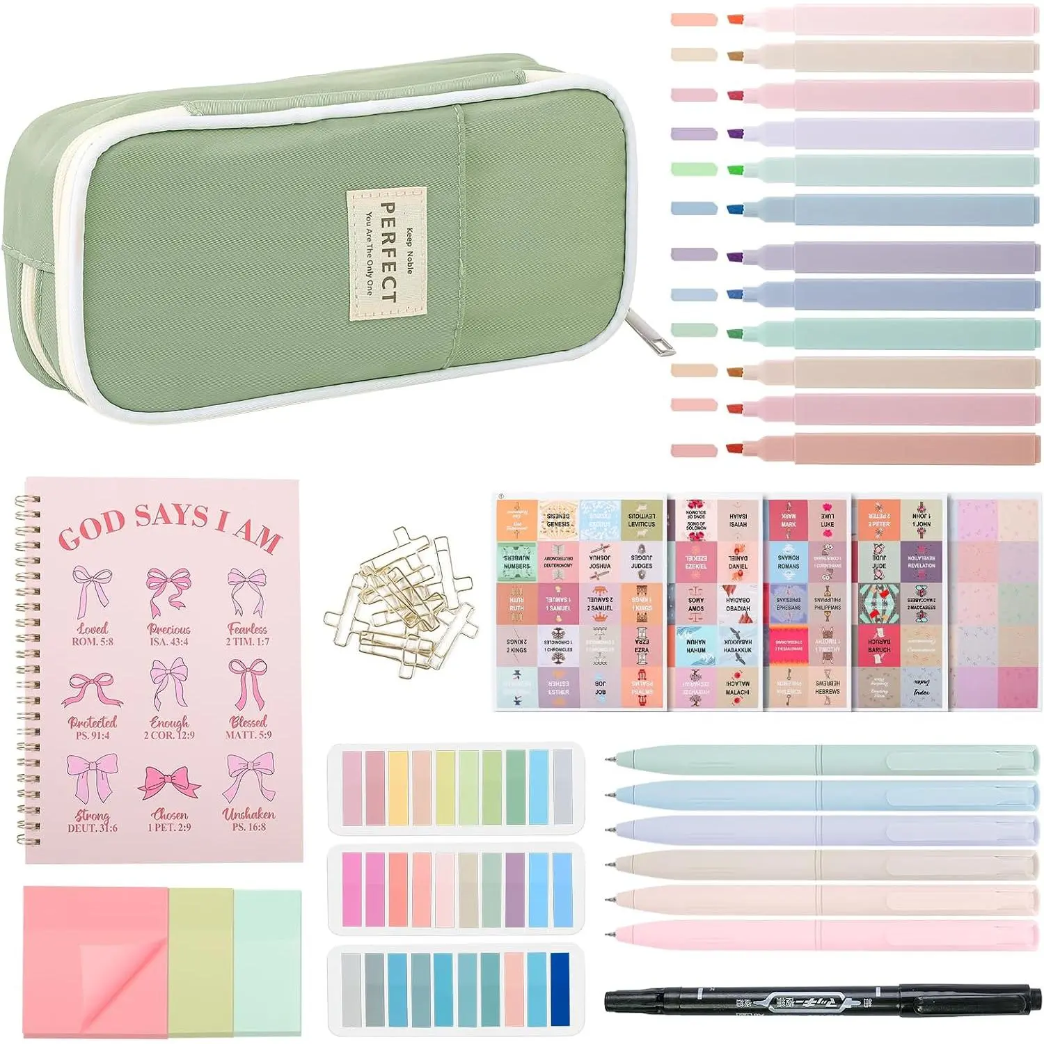 Journaling Kit for Women,  Study Supplies Set with No Bleed Highlighters, Pens, Tabs, Notebook, Pencil Case, Christian Gifts for Women, Beginners, Students,  Study kit (Green)