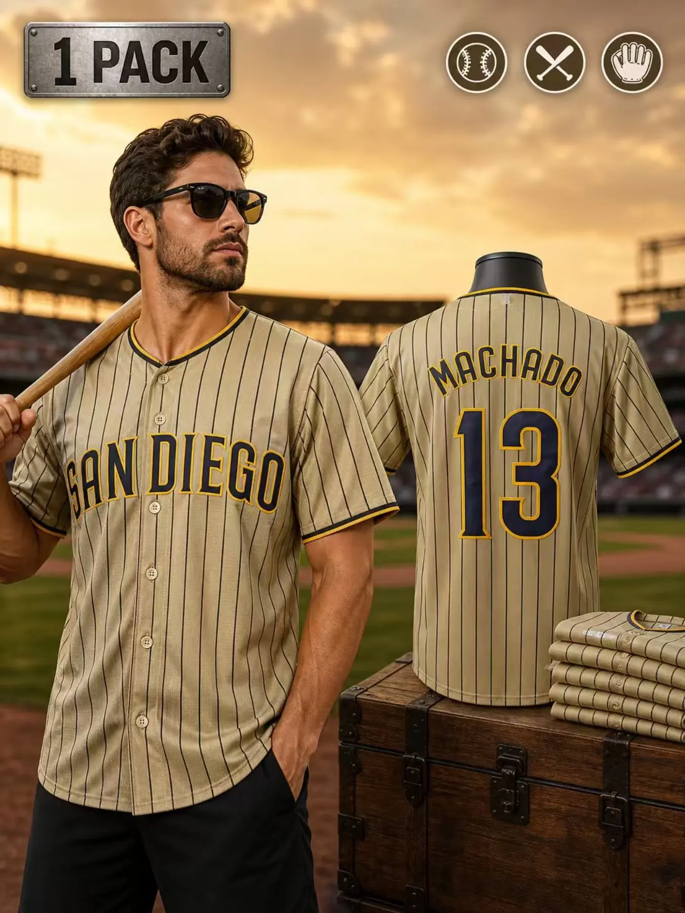 Men's San Diego City Casual Baseball Jersey, Number 23 Classic Pinstripe Button Down Short Sleeve Shirt, Breathable Lightweight Athletic Top for Baseball Fans, Softball Training & Streetwear