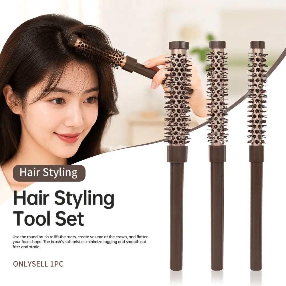 Small Coffee Color Ceramic Roll Comb, High Temperature Aluminum Tube Curling Brush, Blow Dry Bangs Short Hair Root Curls, Unisex Use, Round Brush For Blow Drying