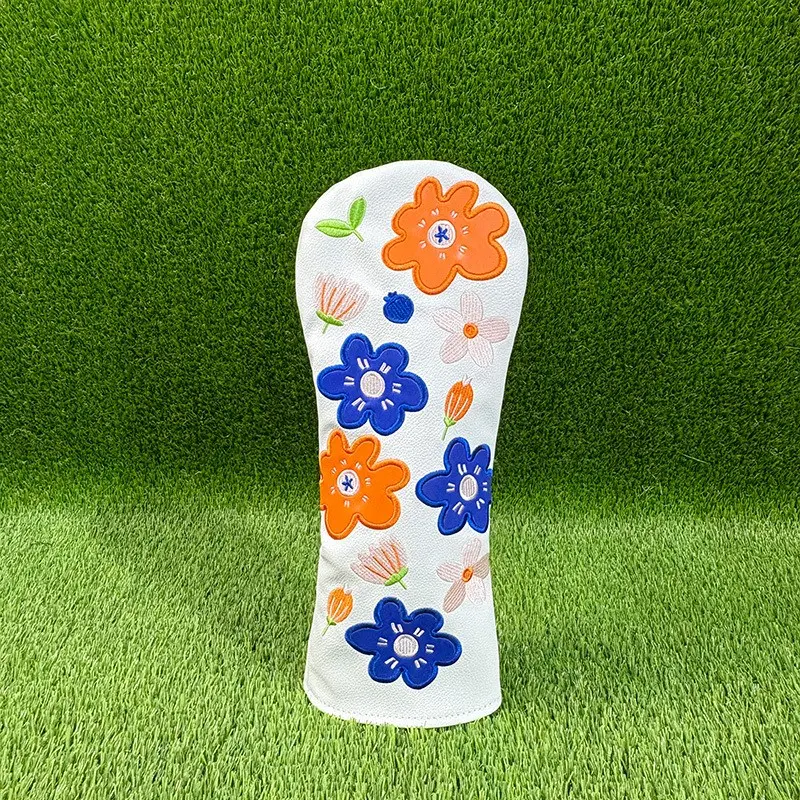 Floral Embroidered Golf Club Head Covers, Blue Flower Pattern PU Leather, Adjustable Elastic Golf Club Protectors, Cute Golf Accessories Gift