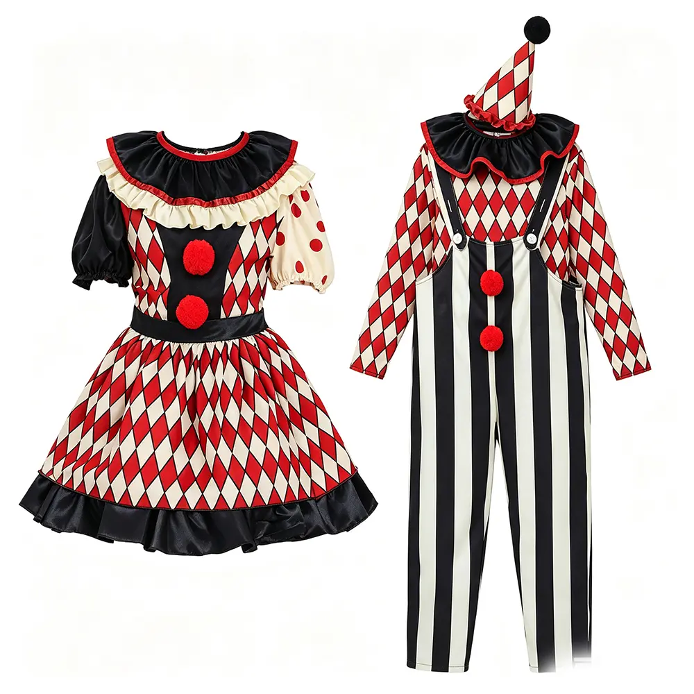 Little Kids Boys Girls Halloween Clown Costume Long Sleeve Tops Striped Overalls Pants Hat Set Girls Clown Costume Dress for Themed Party