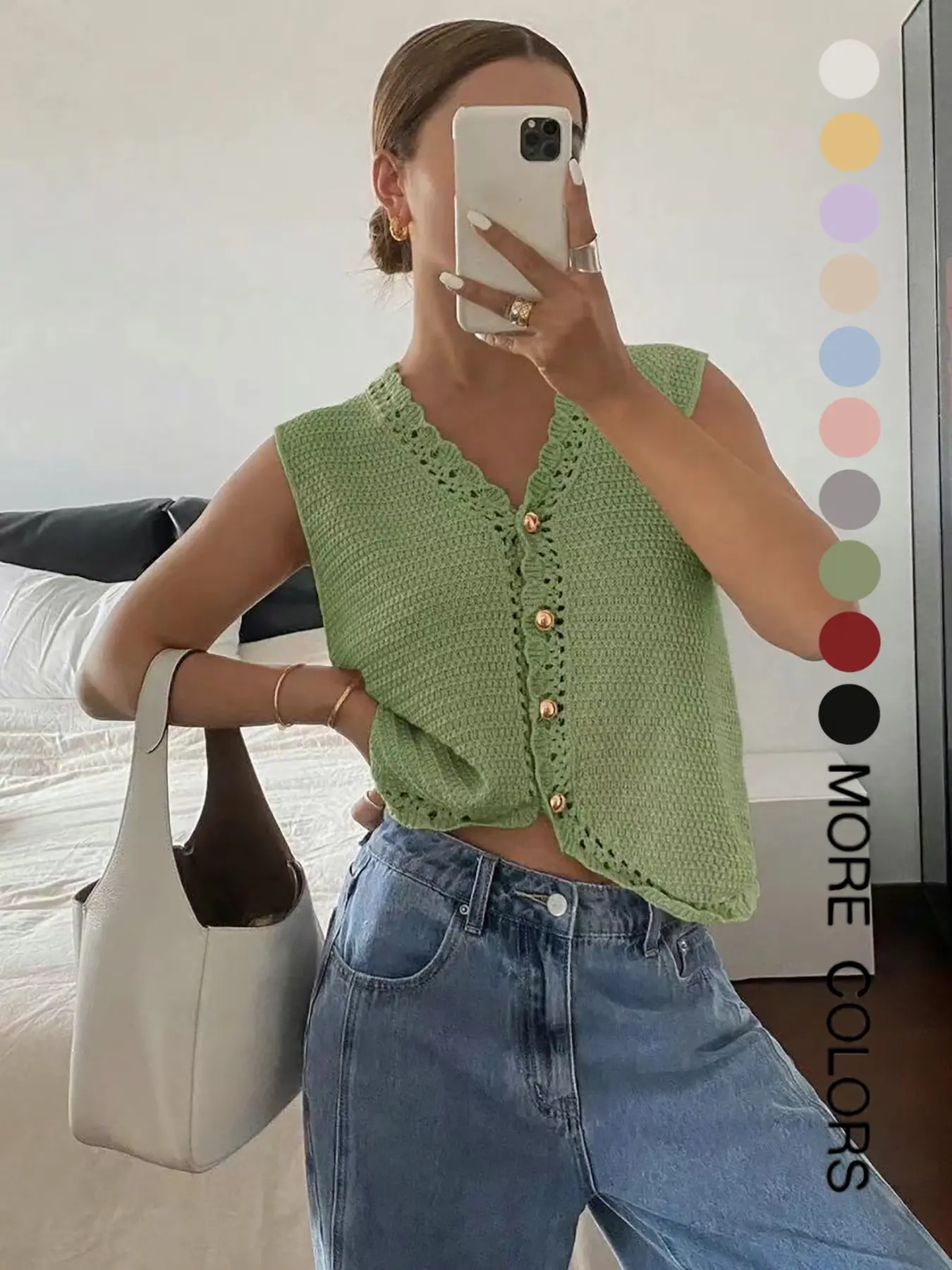 Women's Plain Button Front Cardigan, Button Up Cardigan, Casual Basic Fitted Crochet-Knit Cardigan for Summer, Casual Comfy Top, Fashion Women's Sleeveless V-Neck Knitwear for Daily Wear, Aesthetic Casual Knitwear, Womenswear, Knitting, Knitted