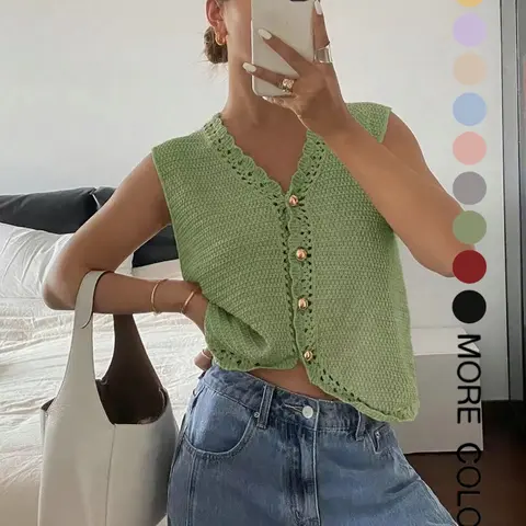 Women's Plain Button Front Cardigan, Button Up Cardigan, Casual Basic Fitted Crochet-Knit Cardigan for Summer, Casual Comfy Top, Fashion Women's Sleeveless V-Neck Knitwear for Daily Wear, Aesthetic Casual Knitwear, Womenswear, Knitting, Knitted