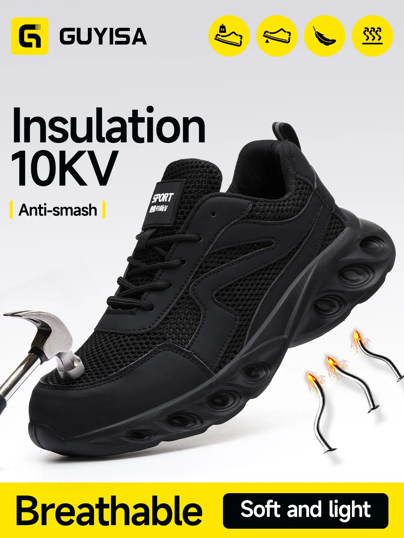 Guyisa Electrician Insulated Summer Safety Shoes, Breathable, Anti-Compression, 10kv, Kevlar, Low Top, Ultra-Light, Outdoor Work Shoes