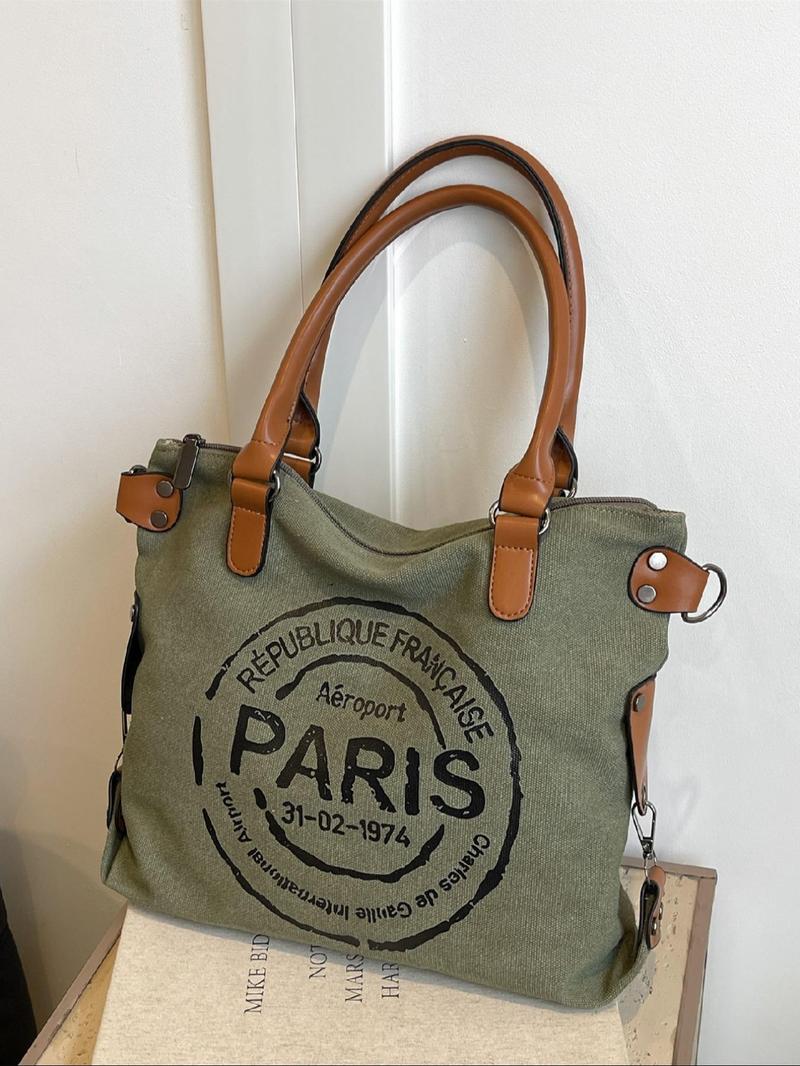 Fashionable Letter Print Handbag, Casual Pu Leather Zipper Shoulder Bag for Women, Casual Trendy Versatile High-quality Daily Commuting Bag, Girl Fashionable Shopping Bag, Fashionable Patterned Bag