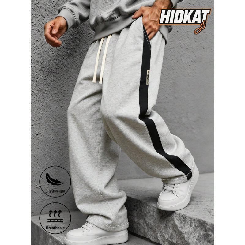 Men's Polyester Blend Loose Cut Track Pants - Male Clothing with Contrast Side Stripes, Drawstring Belt, Machine Washable for Universal Sport, Outdoor Running, Casual Daily Wear