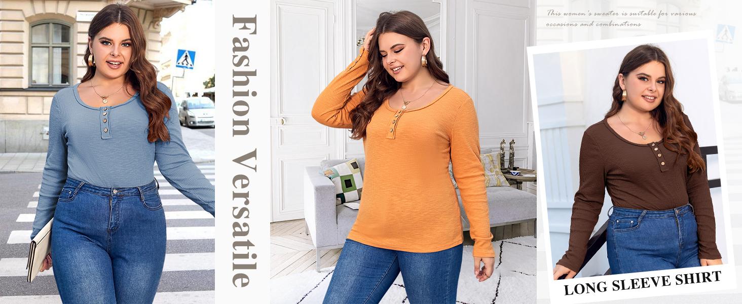 Women’s Plus Size Henley T Shirts Long Sleeve Button Down Tunic Blouse Loose Fit Tops Scoop Neck Ribbed Knit Shirts BBW Big Beautiful  Woman Over Size