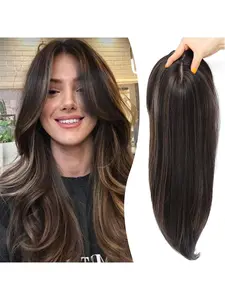 Synthetic Hair Topper with Bangs 18 Inch Layered Toppers for Women with Thinning Hair hand Tied Forehead Hairline 360° 3D Cover Wispy Synthetic Toppers Hair for Women Fiber Wiglets