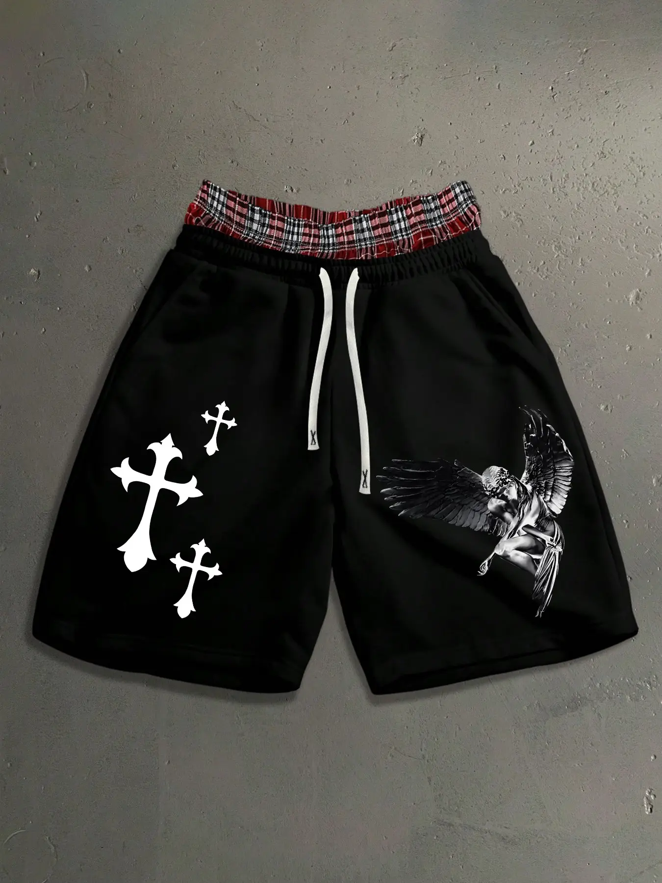 Men's Cross Angel Print Patchwork Waist Five-Quarter Shorts, American High Street Sporty Sweatpants, Casual Fitted Style
