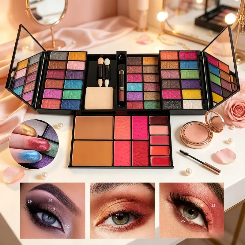 All-in-One Makeup Kit, 24-Color Eyeshadow Palette, 4 Shades Blush, 4 Shades Lip Gloss, 2 Shades Powder Cake, with Makeup Brushes & Mascara, Complete Cosmetic Set for Makeup Beginners