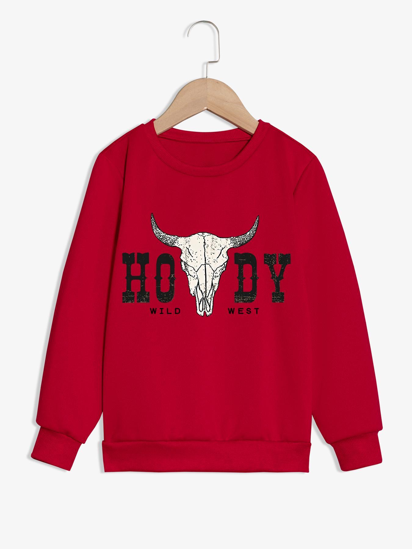 Girl's Cartoon Bull Head & Letter Print Drop Shoulder Thermal Lined Sweatshirt, Casual Long Sleeve Round Neck Pullover for Spring & Fall, Kids Clothes for Daily Wear, Casual Cozy Sweatshirt