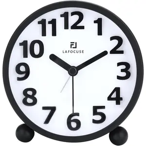 Lafocuse Metal Large 3D Numerals Easy to Read Analog Alarm Clock for Heavy Sleepers with Night Light and Snooze Function, Silent Black Bedside Clock for Bedroom Desk Shelf Table, 4 Inch