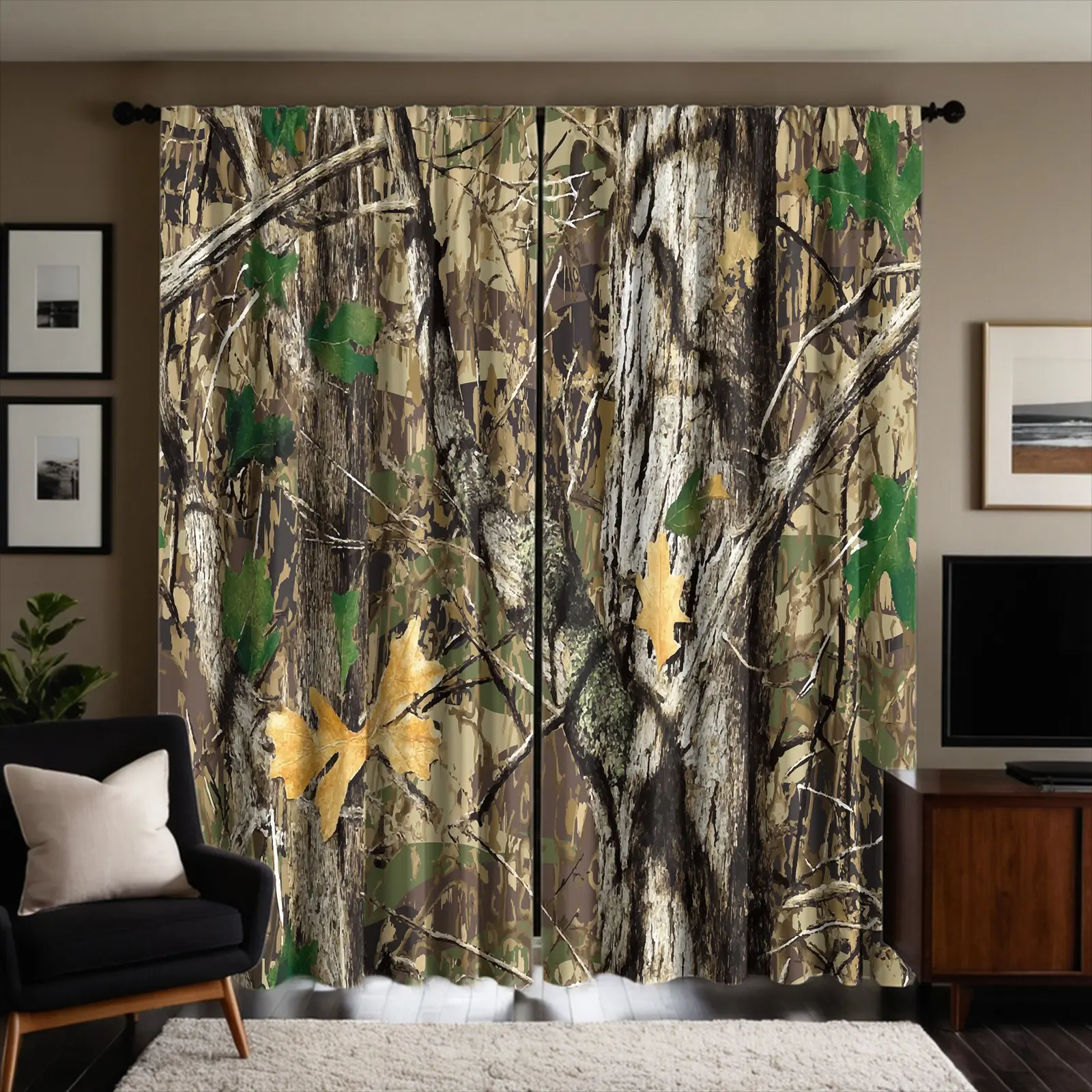 2-Pack Sheer Decorative Curtains, Forest Tree Camouflage Print Rod-Pocket Privacy Curtains, Semi-sheer Light Filtering Window Drapes, Great Gift for Rustic Cabin Bedroom Living Room